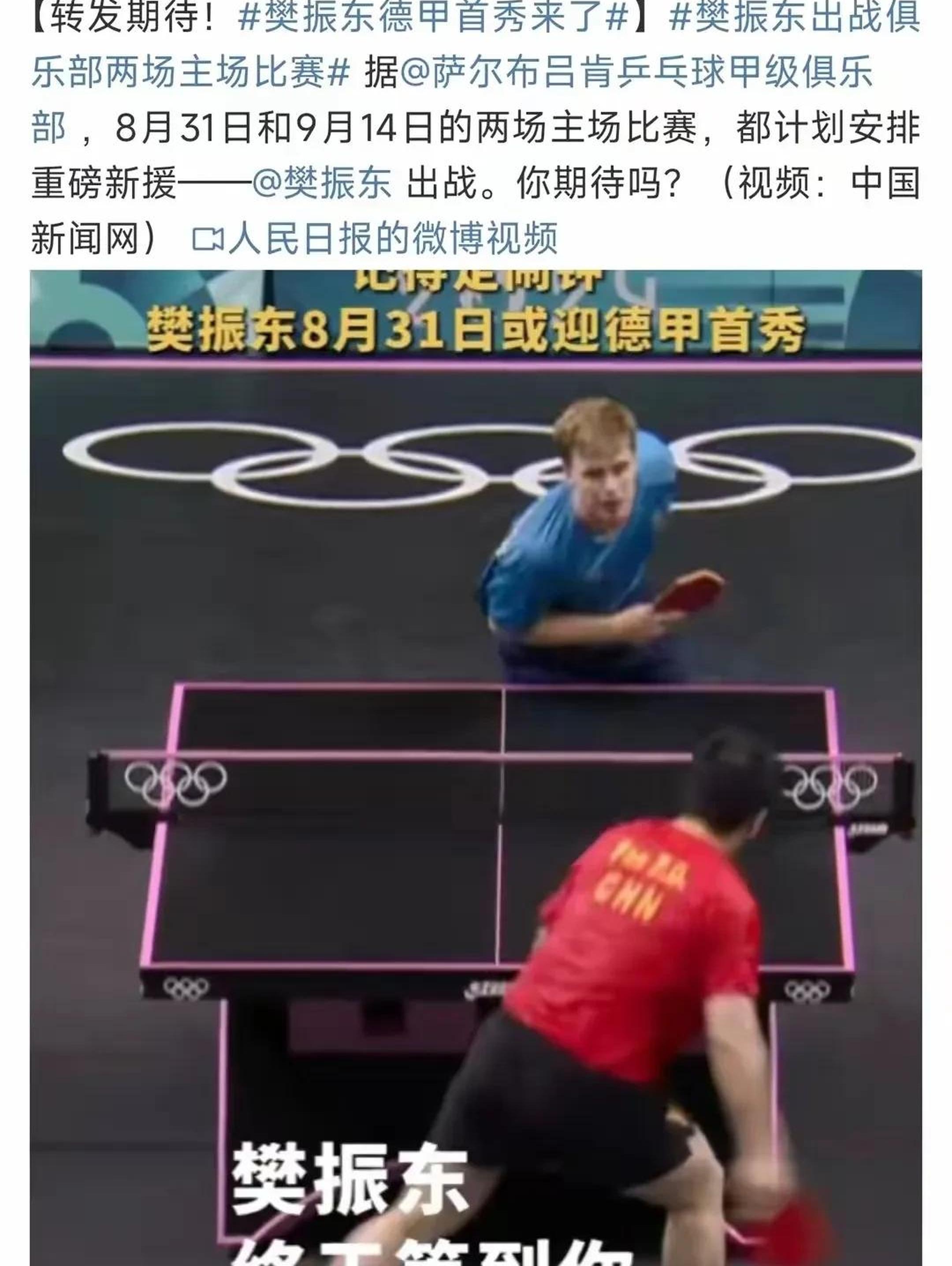樊振东德甲首秀已定，在8月31日，球迷：一切顺利，所向披靡